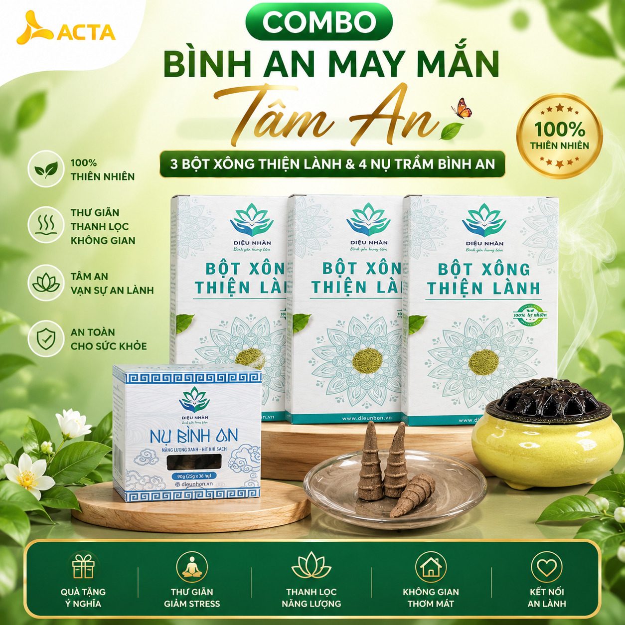 Combo Bình An May Mắn Tâm An - 3 Bột Xông Thiện Lành & 4 Nụ Trầm Bình An - Thumbnail 1