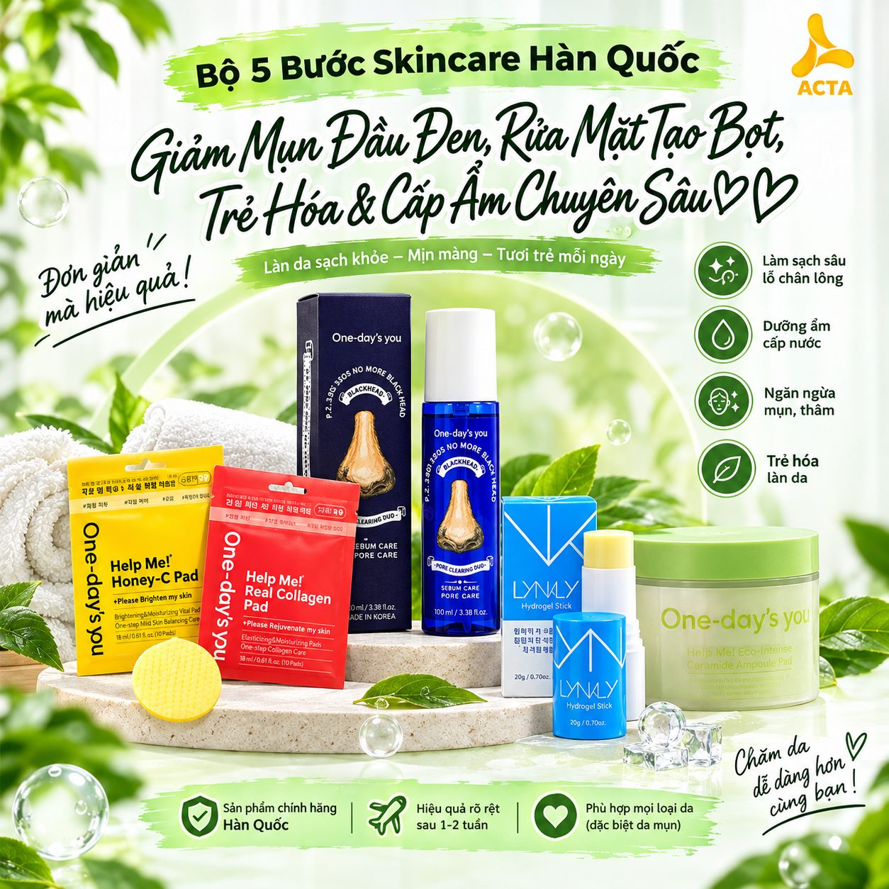 Bộ 5 Bước Skincare Hàn Quốc: Giảm Mụn Đầu Đen, Rửa Mặt Tạo Bọt, Trẻ Hóa & Cấp Ẩm Chuyên Sâu – Routine Tinh Gọn Cho Làn Da Mộc Rạng Rỡ - Thumbnail 1
